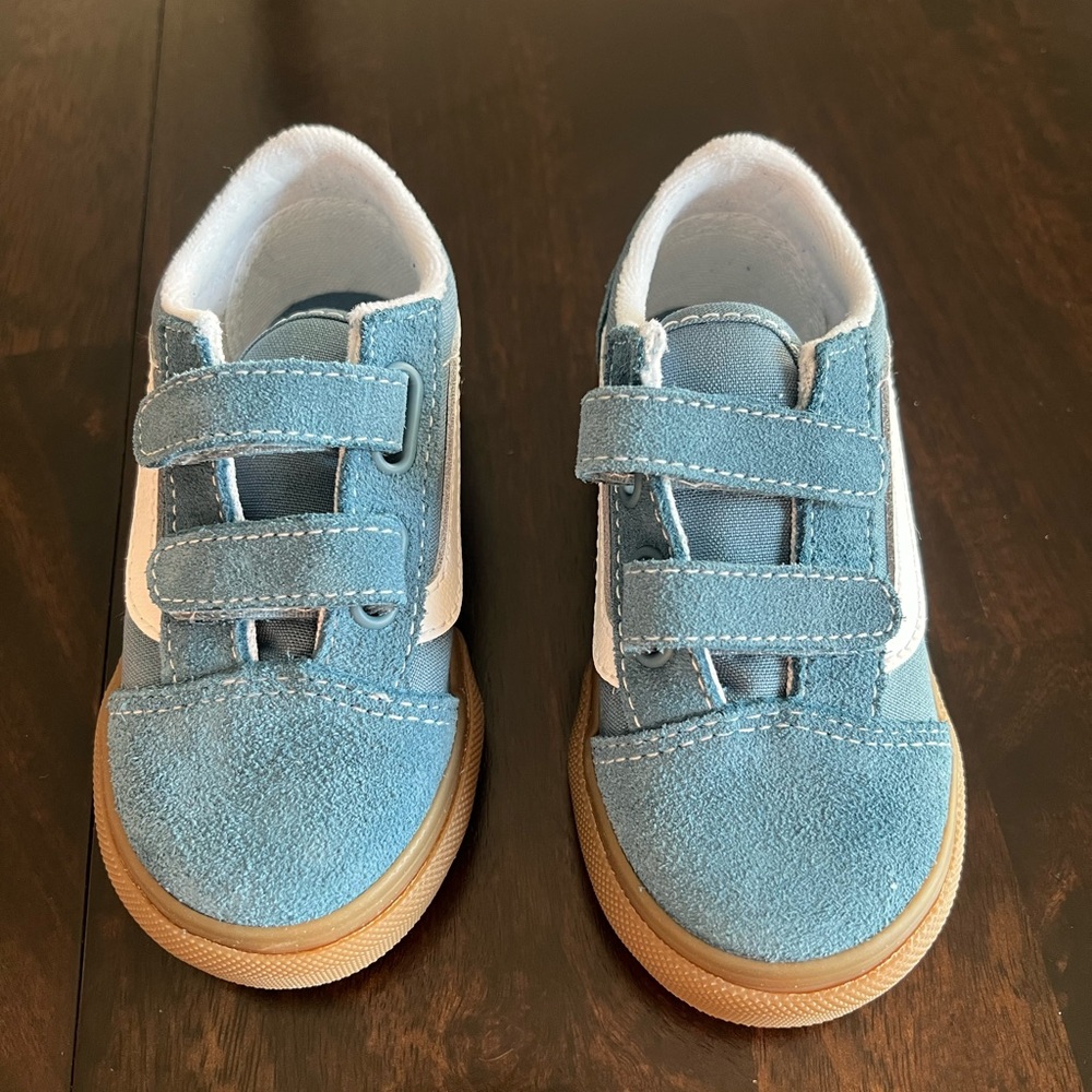 Vans Kids Light Blue and White Velcro Skate Sneakers